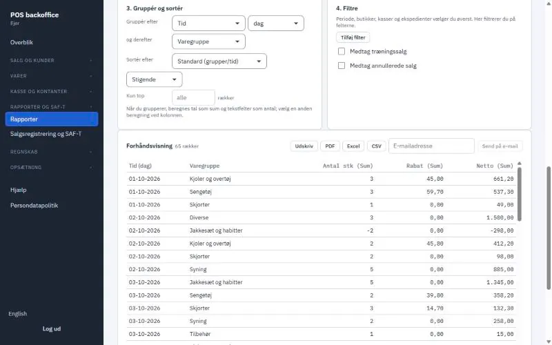 Back office: custom report with net sales per item group per day