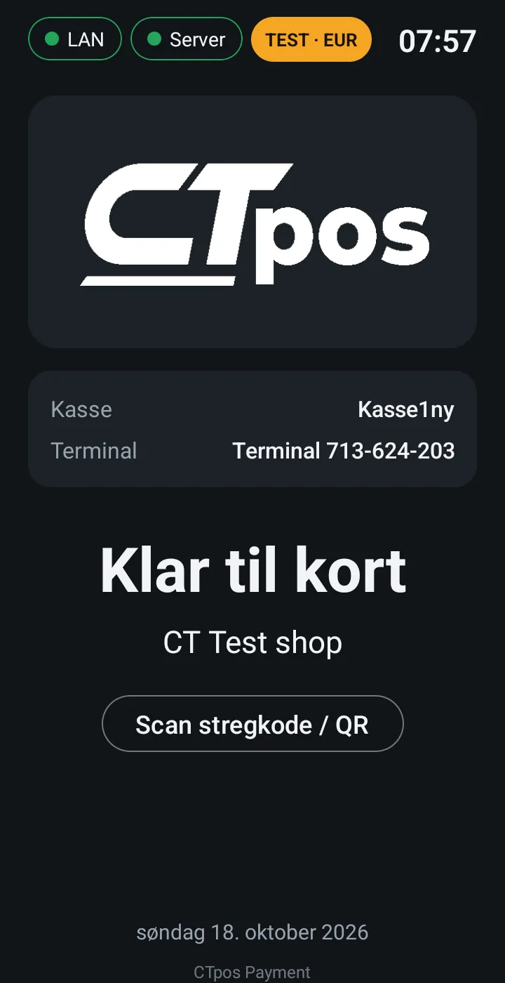 CTpos Payment: Klar til kort, med status for LAN og server