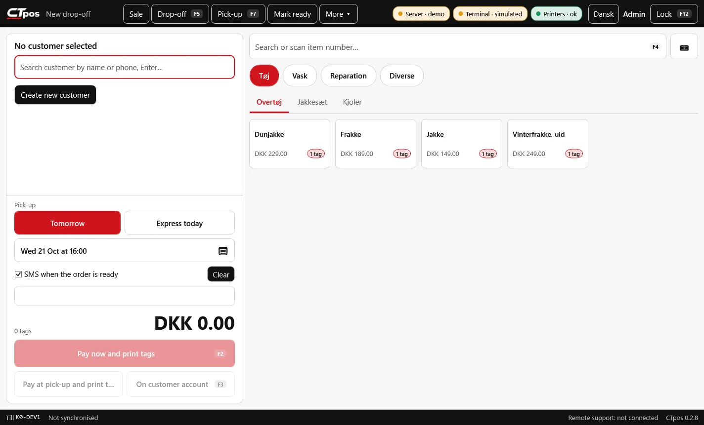 The CTpos till on a new drop-off: customer, pick-up time and items with tags
