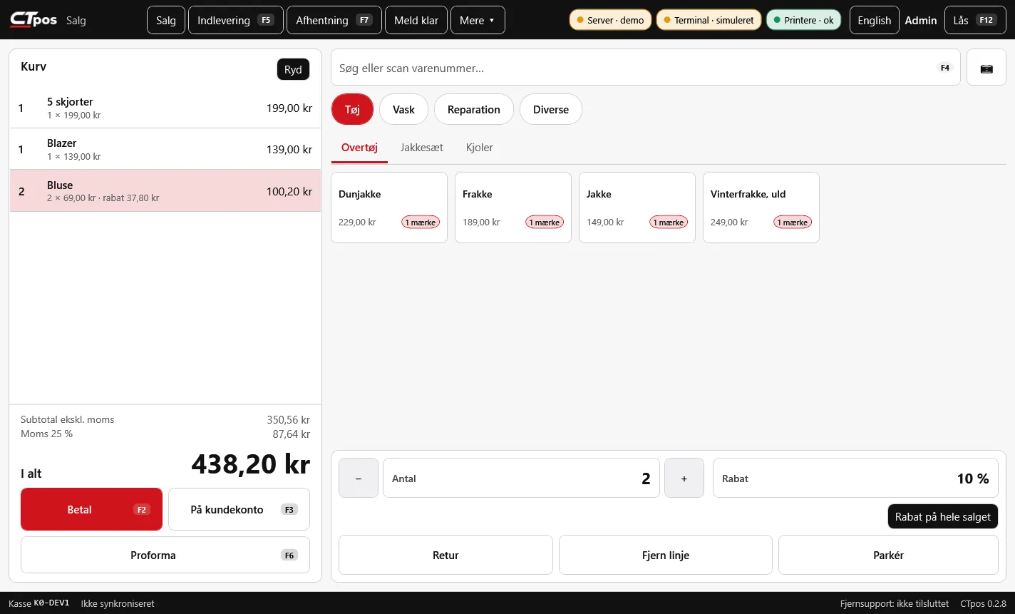 CTpos-kassen med søgefelt til stregkoder og kurv med rabat